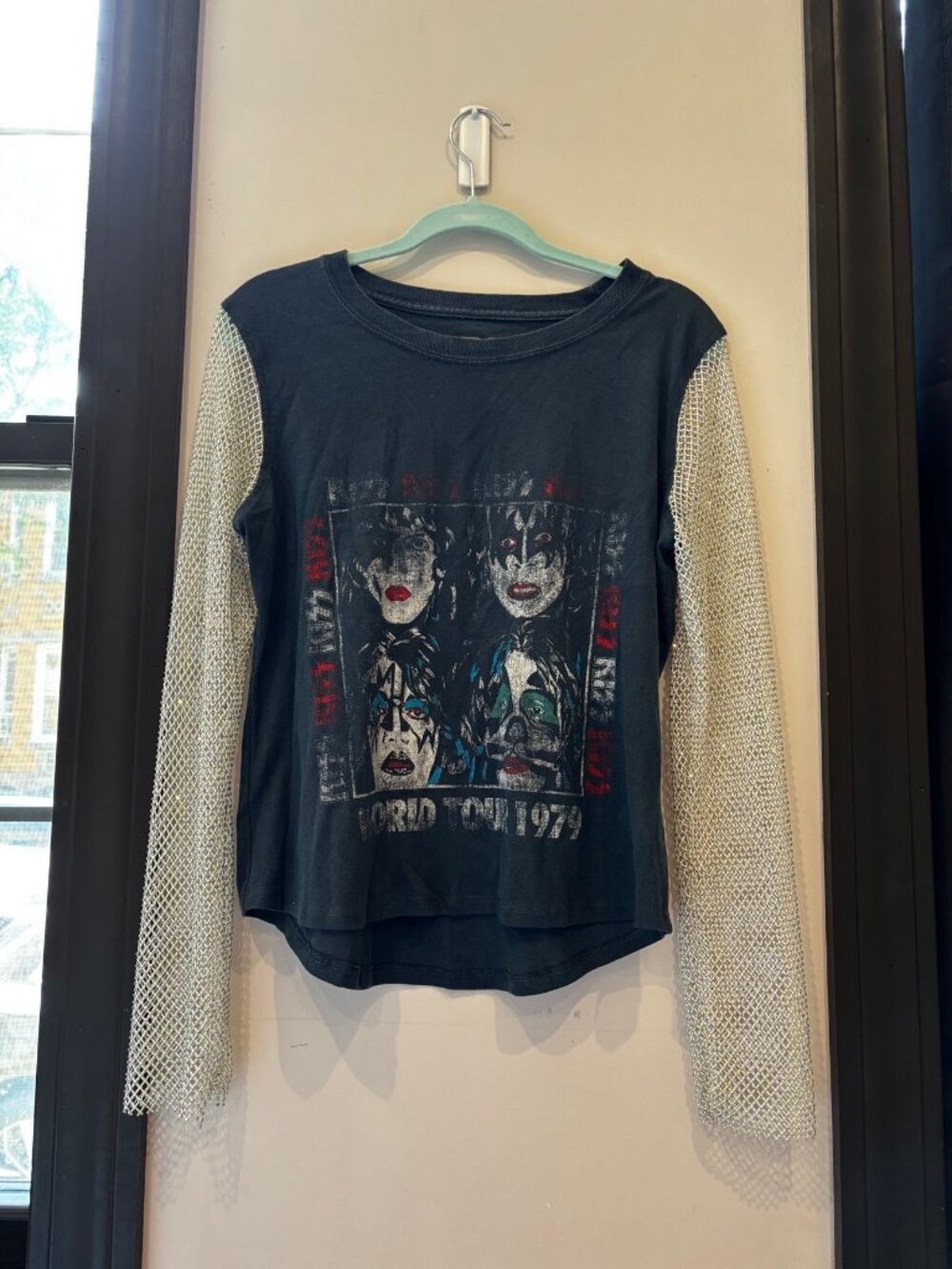 Custom KISS World Tour 1979 Rhinestone Mesh Sleeve Tee, Size S